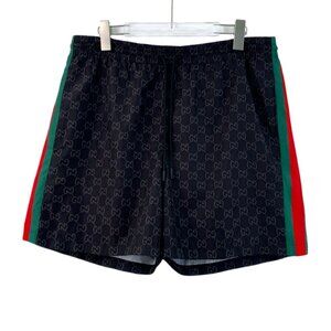 CM0437 Gucci Mens Black GG Monogram Swim Shorts W/ Red & Green Side Stripes